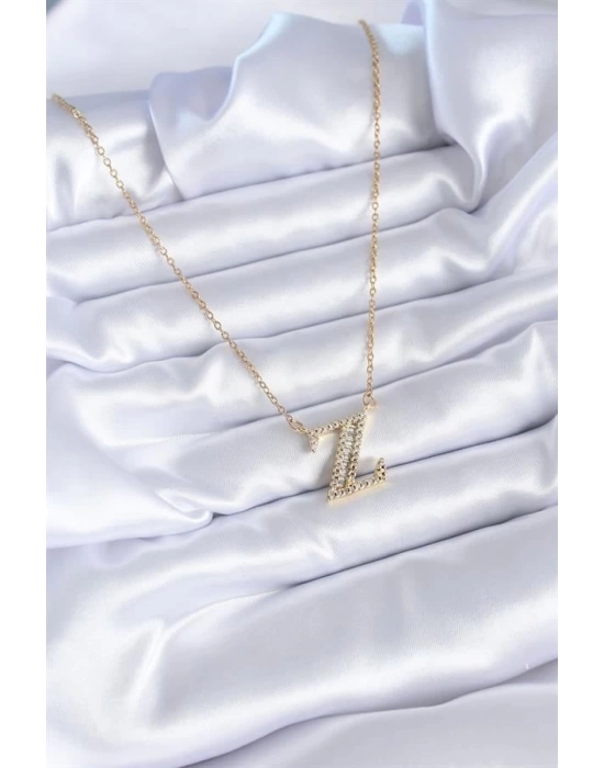 316L Çelik Gold Renk Z Harf Model Zirkon Taşlı Kadın Kolye