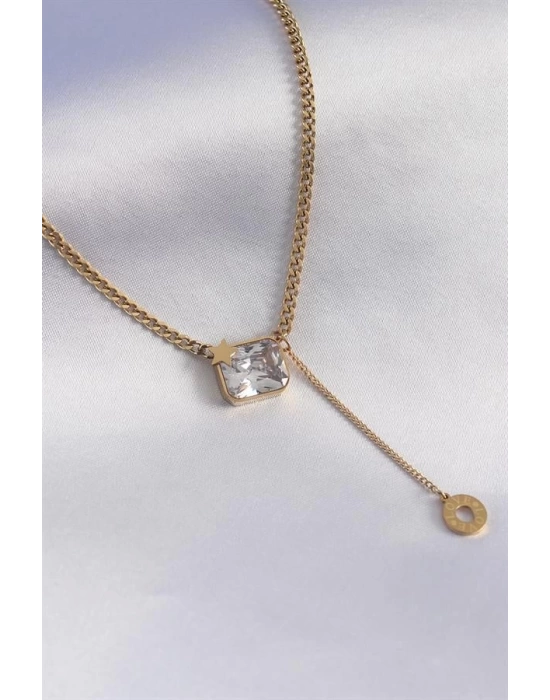 316L Çelik Gold Renk Zincir Model Zirkon Taşlı Yıldız Detay Kadın Kolye