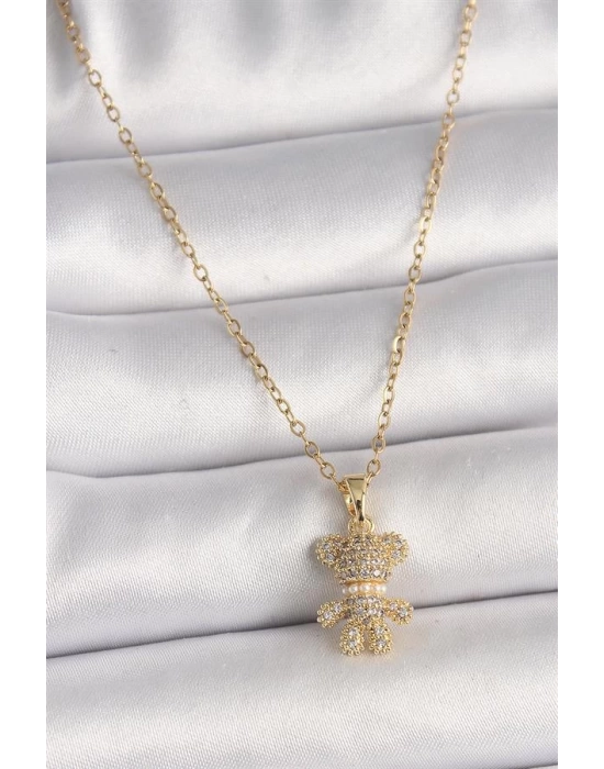 316L Çelik Gold Renk Zincir Zirkon Taşlı Ayıcık Figür Kadın Kolye