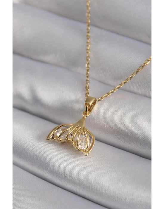 316L Çelik Gold Renk Zirkon Taşlı Balık Kuyruğu Model Kadın Kolye