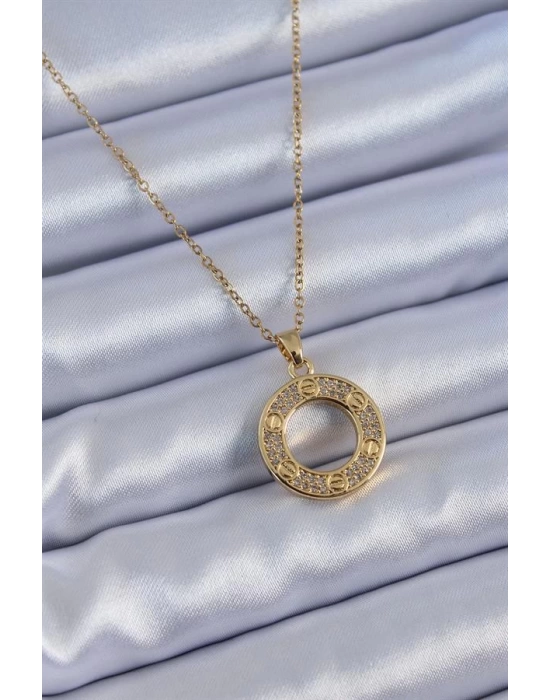 316L Çelik Gold Renk Zirkon Taşlı Model Kadın Kolye