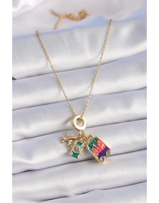 316L Çelik Gold Renk Zirkon Taşlı Uçak Bavul Figür Charm Model Kadın Kolye