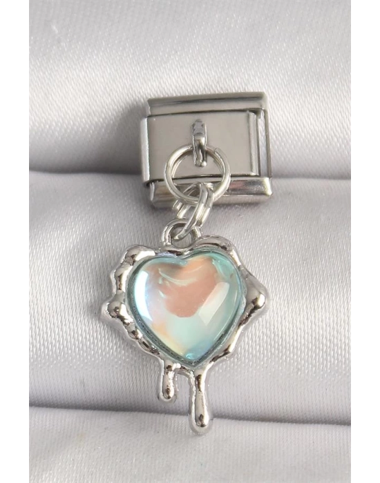 316L Çelik Gümüş Renk Mavi Hologram Mineli Eriyen Kalp Model Nomination Charm