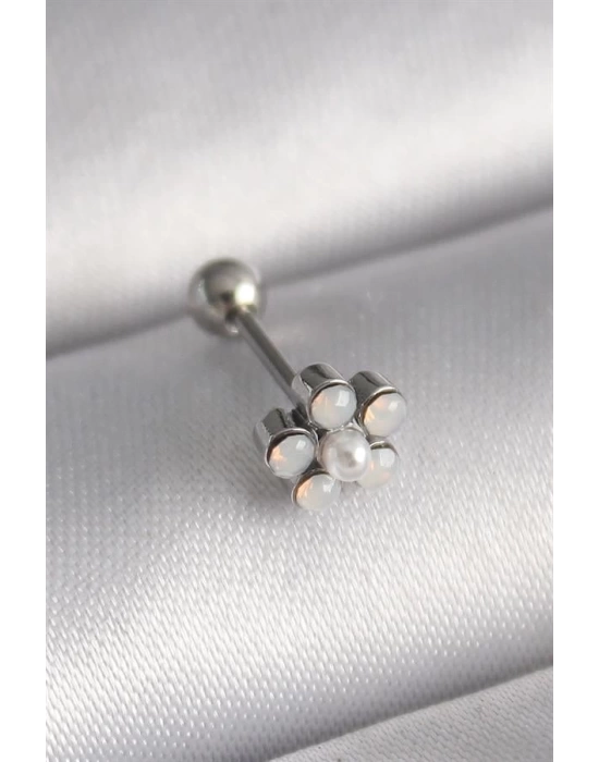 316L Çelik Gümüş Renk Zirkon Taşlı Çiçek Model Tragus Piercing