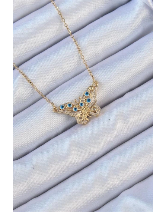 316L Çelik Zincir Altın Renk Zirkon Taşlı Nazarlı Kelebek Kolye