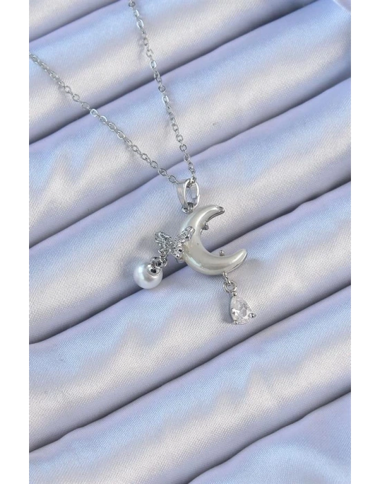 316L Çelik Zincir Gümüş Renk Zirkon Taşlı Kelebekli Mineli Ay Kolye