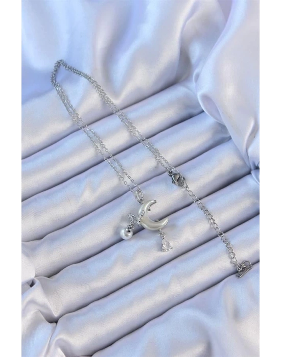 316L Çelik Zincir Gümüş Renk Zirkon Taşlı Kelebekli Mineli Ay Kolye