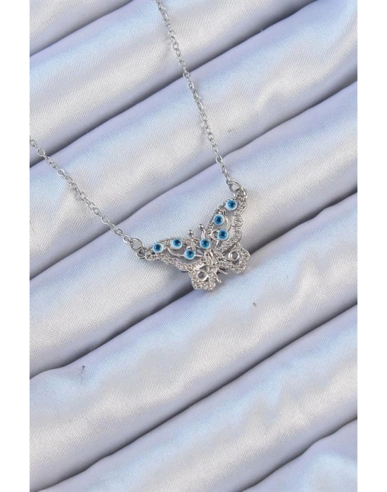 316L Çelik Zincir Gümüş Renk Zirkon Taşlı Nazarlı Kelebek Kolye