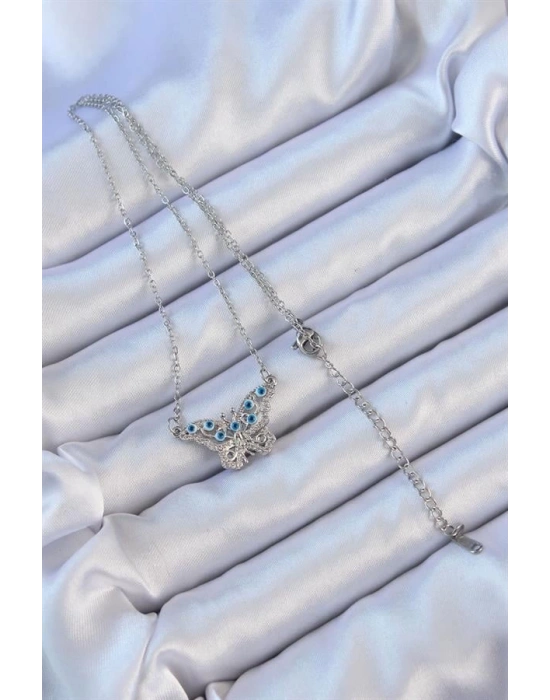 316L Çelik Zincir Gümüş Renk Zirkon Taşlı Nazarlı Kelebek Kolye