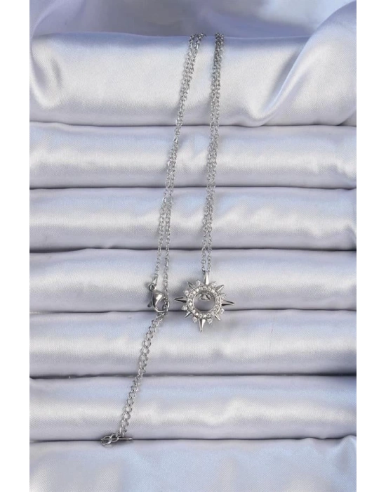 316L Çelik Zincir Gümüş Renk Zirkon Taşlı Parlayan Yıldız Kolye