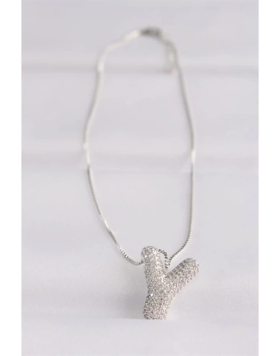 316L Çelik Zincirli Zirkon Taşlı Y Harfli Silver Renk Bubble Kolye