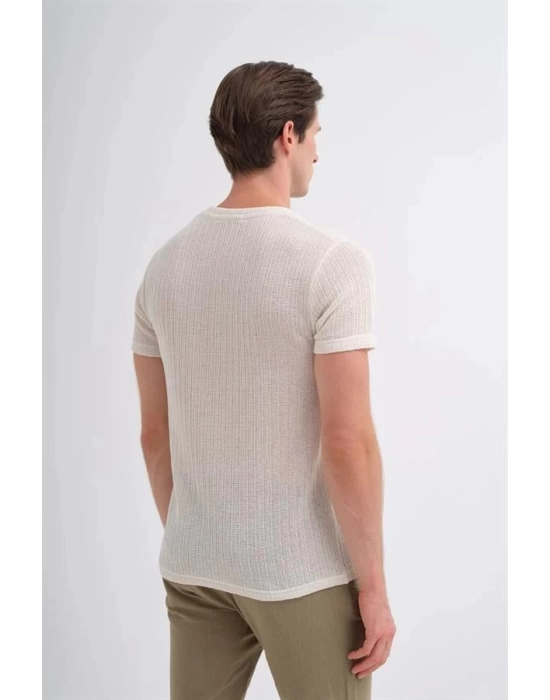 4011 Örgü Desenli Bisiklet Yaka Regular Fit Erkek T-Shirt Beyaz