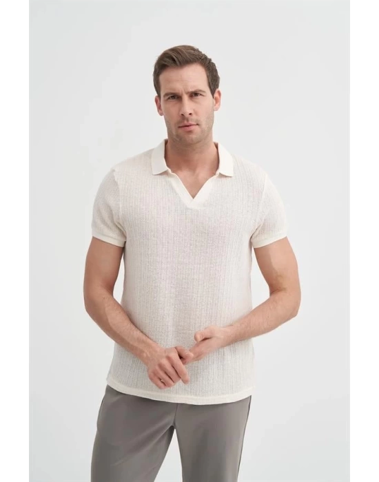 4012 Örgü Polo Yaka Erkek TShirt Ekru
