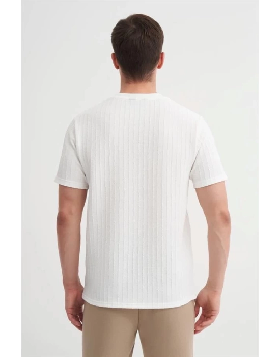 4051 Bisiklet Yaka Desenli Erkek T-Shirt BEYAZ