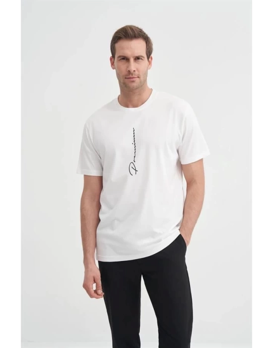 4091 Yazı Baskılı Bisiklet Yaka Erkek T-Shirt Beyaz