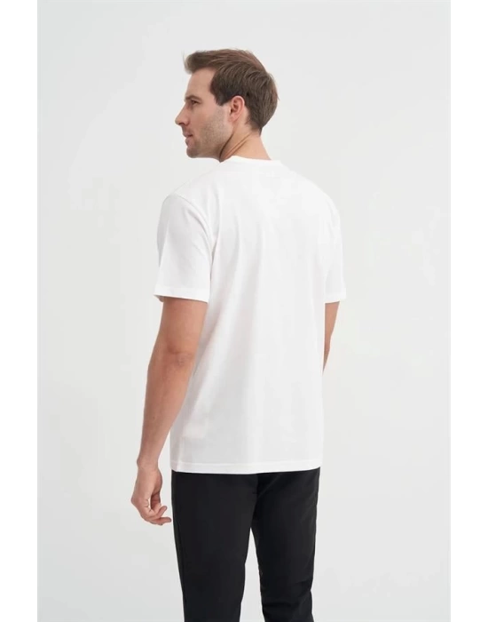 4091 Yazı Baskılı Bisiklet Yaka Erkek T-Shirt Beyaz