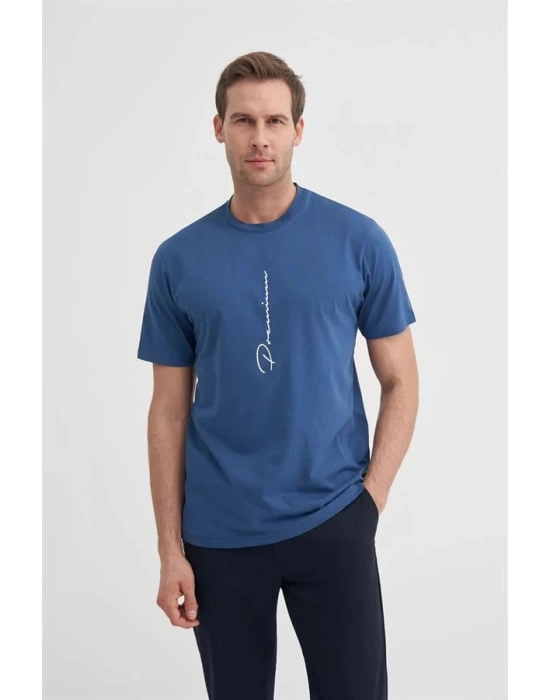 4091 Yazı Baskılı Bisiklet Yaka Erkek T-Shirt Indigo