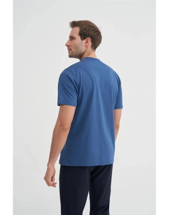 4091 Yazı Baskılı Bisiklet Yaka Erkek T-Shirt Indigo