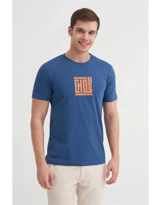 4165 Bisiklet Yaka Baskılı Erkek T-Shirt İNDİGO