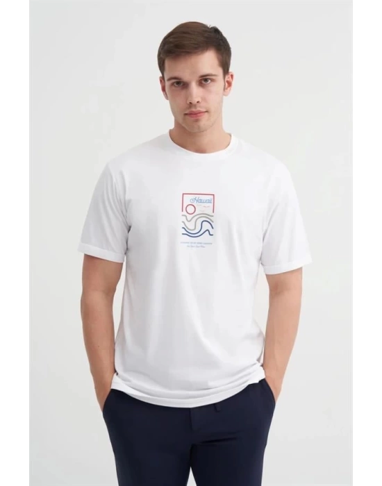 4188 Bisiklet Yaka Baskılı Erkek T-Shirt Beyaz