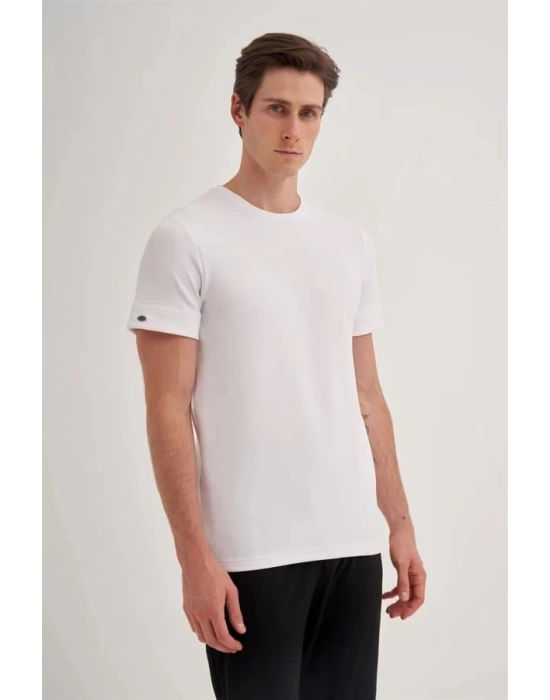 4202 Likralı Basıc Bisiklet Yaka Erkek T-Shirt Beyaz