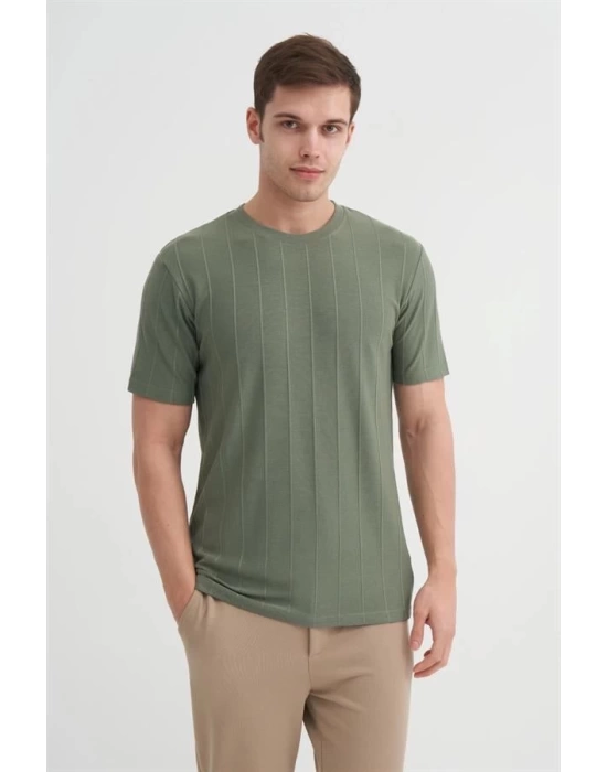 4203 Viskon Kumaş Bisiklet Yaka Regular Fit Erkek T-Shirt HAKİ