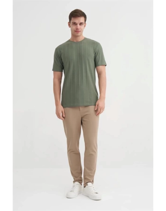 4203 Viskon Kumaş Bisiklet Yaka Regular Fit Erkek T-Shirt HAKİ