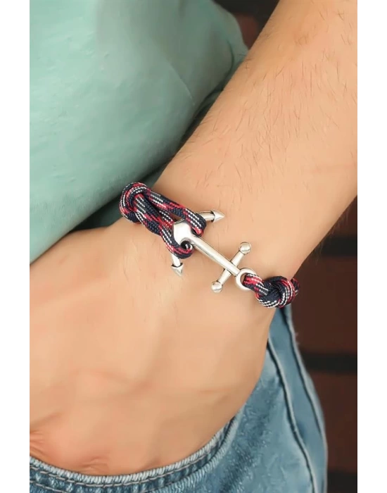 Bordo Lacivert Renk Desenli Metal Çapalı Erkek Bileklik