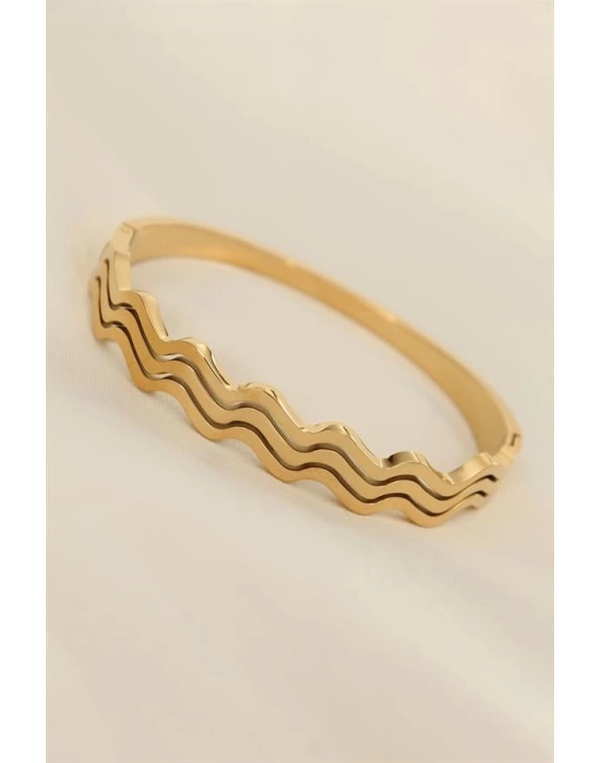 Çelik Gold Renk Dalgalı Model Kelepçe Bilezik