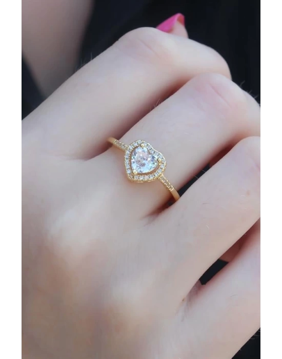 Gold Renk Zirkon Taşlı Kalp Model Charm Pirinç Kadın Yüzük
