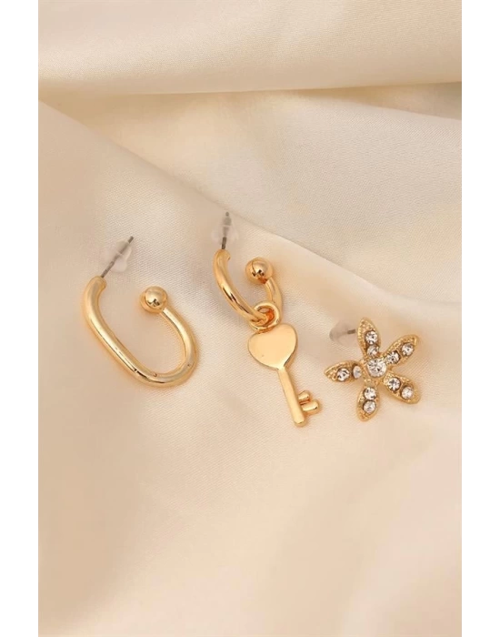 Gold Renkli Metal Zirkon Taşlı Kalpli Anahtar Detaylı Küpe Seti