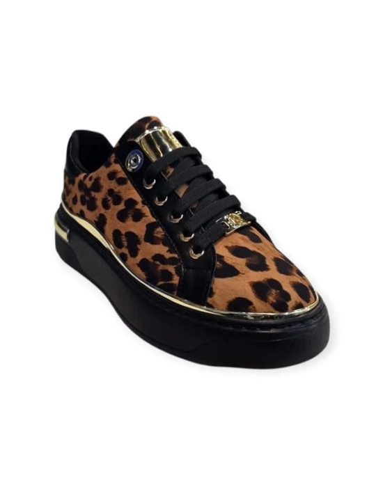 K732510 Yüksek Taban Leopar Desenli Kadın Sneaker Siyah Leopar