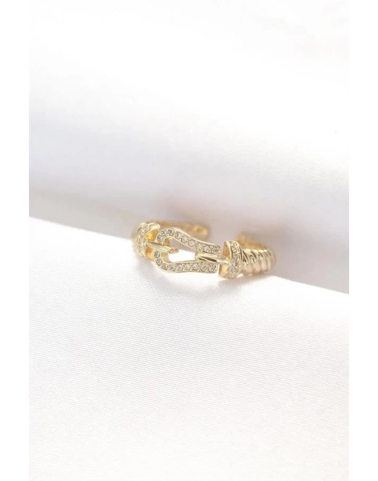Kemer Tokası Tasarımlı Gold Renk Zirkon Taşlı Ayarlanabilir Yüzük