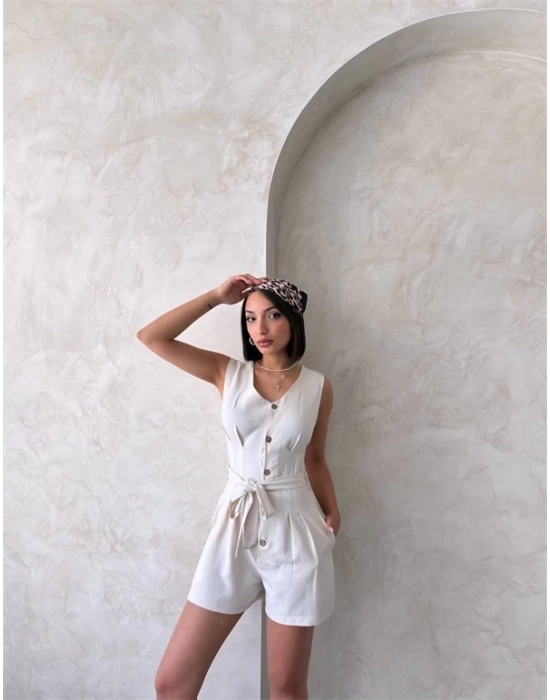 Kuşaklı şortlu tulum