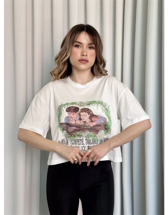 Oversize Beyaz Baskılı Crop Kadın T-Shirt