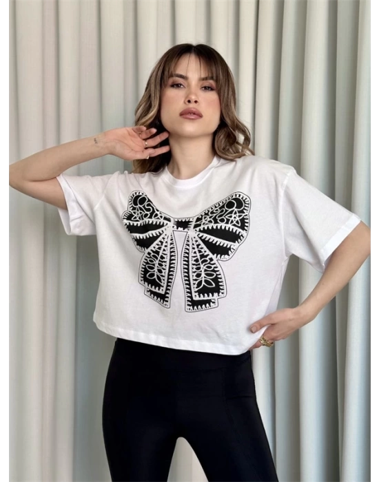 Oversize Beyaz Baskılı Crop Kadın T-Shirt