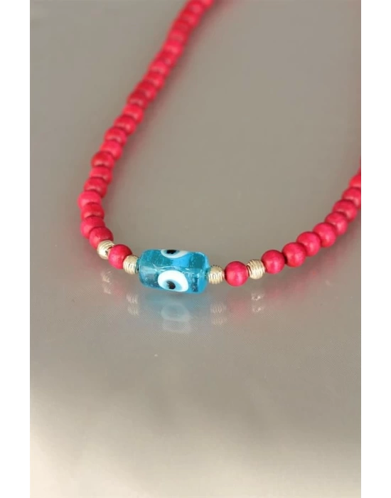 Pembe Renk Tahta Boncuklu Kadın Kolye