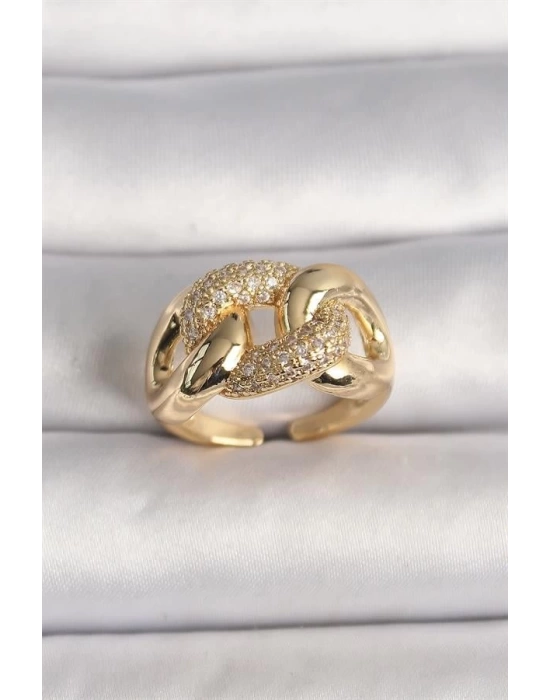 Pirinç Gold Renk Ayarlanabilir Zirkon Taşlı Zincir Model Kadın Yüzük