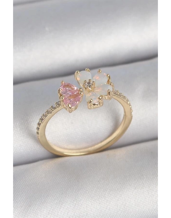 Pirinç Gold Renk Beyaz Mineli Pembe Zirkon Taşlı Çiçek Model Kadın Yüzük