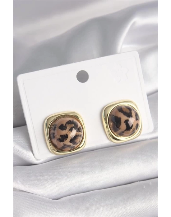 Pirinç Gold Renk Kare Kaplan Desen Kadın Küpe