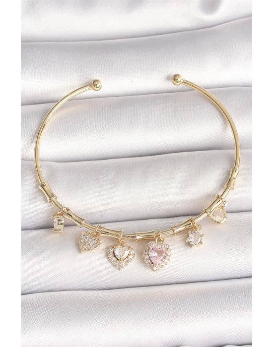 Pirinç Gold Renk Sallantı Pembe Zirkon Taşlı Kalp Figür Charm Kadın Bileklik