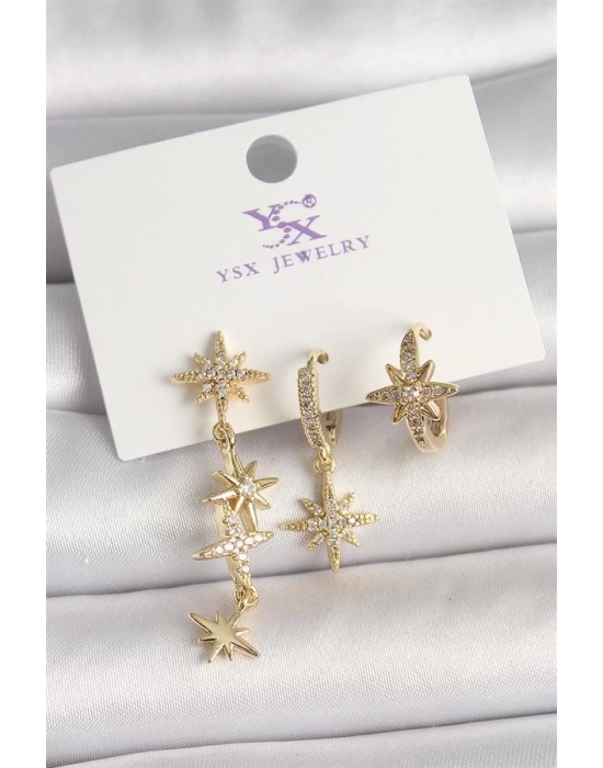 Pirinç Gold Renk Sallantı Zirkon Taşlı Zirkon Taşlı Kutup Yıldız Model 3Lü Kadın Kombin Küpe