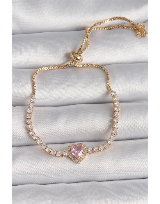 Pirinç Gold Renk Su Yolu Zirkon Taşlı Pembe Zirkon Taşlı Kalp Asansör Model Charm Kadın Bileklik