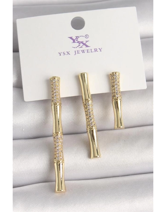 Pirinç Gold Renk Zirkon Taşlı Bambu Model 3Lü Kadın Kombin Küpe