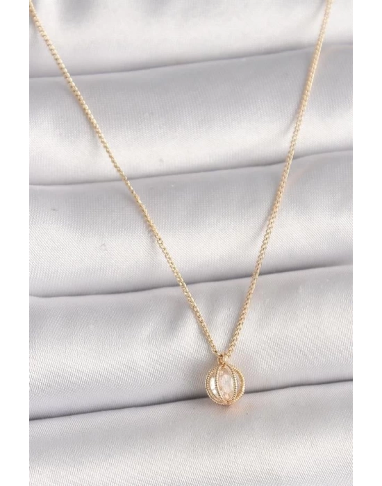 Pirinç Gold Renk Zirkon Taşlı Daire Kafes Model Kadın Kolye