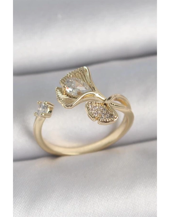 Pirinç Gold Renk Zirkon Taşlı Deniz Kabuğu Model Ayarlanabilir Kadın Yüzük
