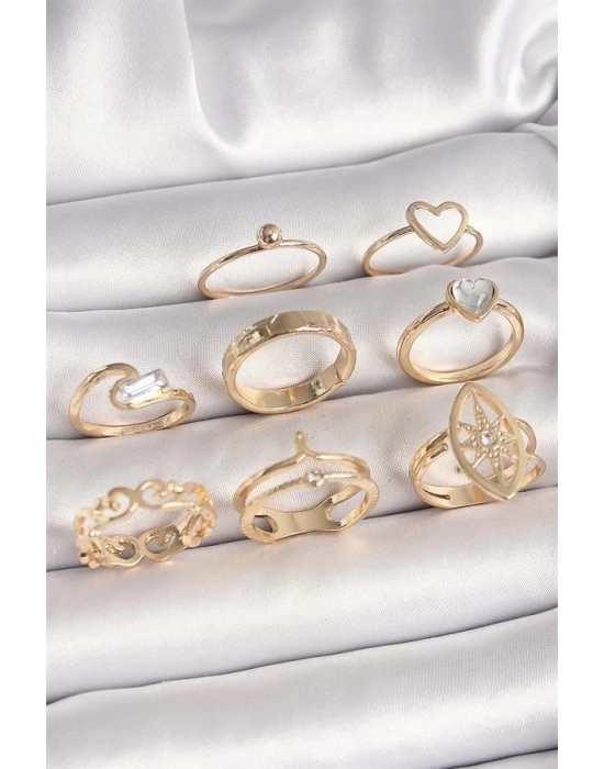 Pirinç Gold Renk Zirkon Taşlı Kalp Model Kutup Yıldız Detay Kadın Yüzük Kombini