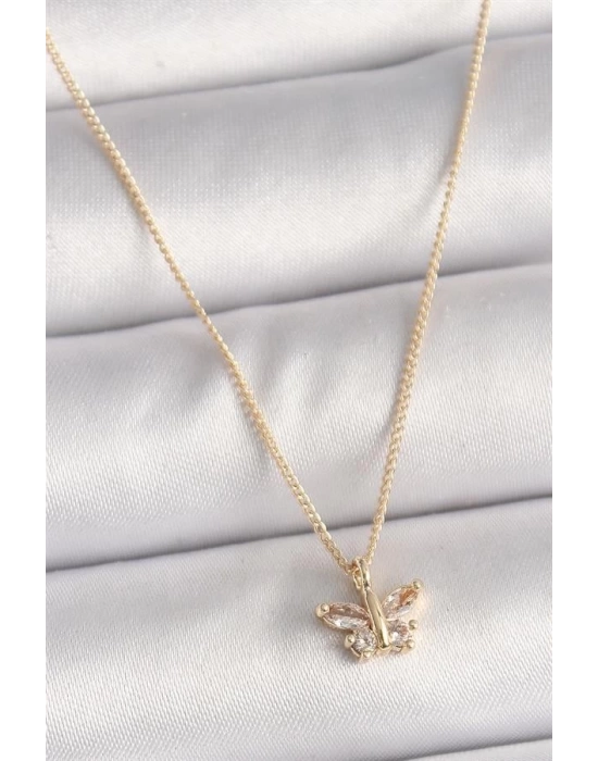 Pirinç Gold Renk Zirkon Taşlı Kelebek Model Kadın Kolye