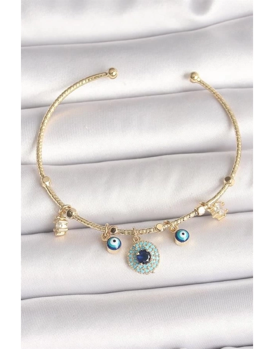 Pirinç Gold Renk Zirkon Taşlı Nazar Boncuk Detay Charm Kadın Bileklik