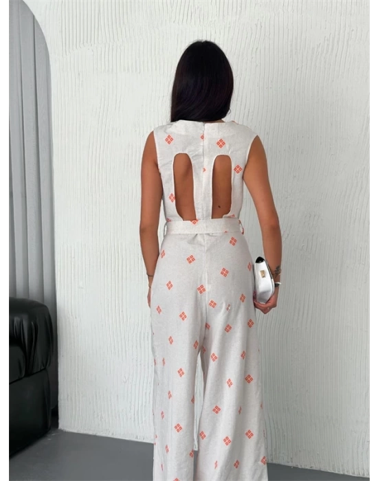 Sırt dekolteli keten beyaz tulum S1036